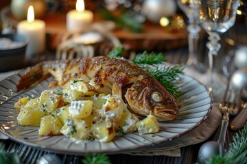 Naklejka premium Grilled fish complete with herb garnish and side of potatoes