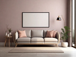 Mockup poster frame on the wall of living room. Luxurious apartment background.