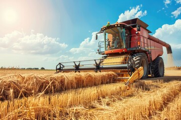 Fototapeta premium A modern combine harvester works efficiently in the golden wheat field under a blue sky