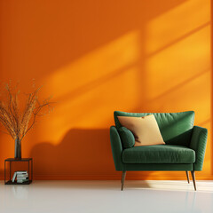 Home interior with green armchair and sofa on empty orange wall background.