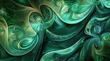 An elegant fluid art abstract background with flowing curves and intricate patterns in shades of emerald green and turquoise, providing a sophisticated and rich visual.