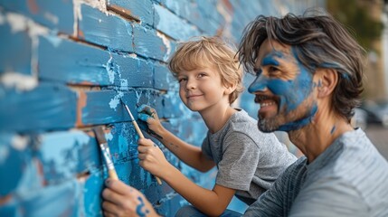 A father and son paint a brick wall with blue paint, smiling and having fun together.