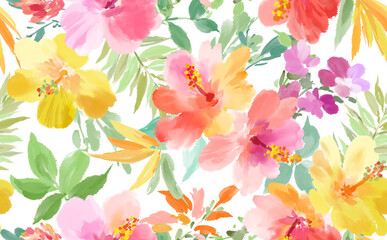 Colorful hibiscus pastel seamless pattern with transparent background






