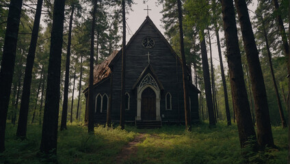Obraz premium small, wooden church is surrounded by a dark, spooky forest.