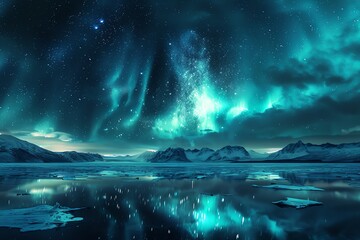 Naklejka premium Aurora borealis and stars over a Nordic fjord