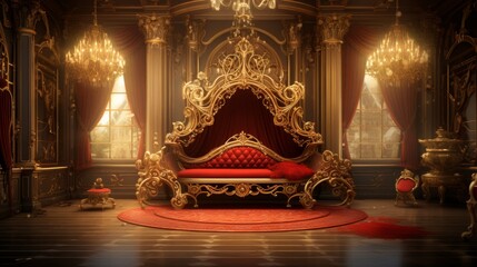 Digital backdrop for photography Luxurious Baroque Style Golden Throne Room with Red Velvet Sofa and Chandeliers