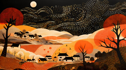 fall landscape at sunset landscape abstract illustration decorative painting