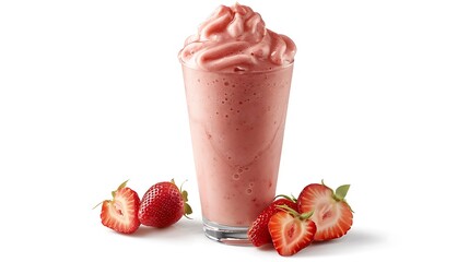 A picturesque arrangement featuring a glass of strawberry smoothie, garnished with sliced strawberries, set against a seamless white background