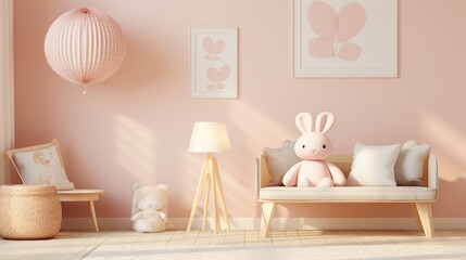 Pink Themed Kids Room with Stuffed Bunny and Cozy Decor Digital Backdrop for Photography