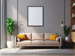 Mockup poster frame on the wall of living room. Luxurious apartment background.