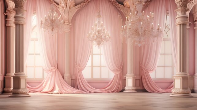 Elegant Pink Ballroom with Chandeliers Digital Wedding Backdrop for Photography