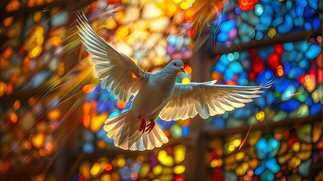 White dove flying. Holy spirit pigeon, church's colored stained glass window background, fantasy symbol of peace love, 3d modern digital artwork illustration. Christian religion spiritual soul concept
