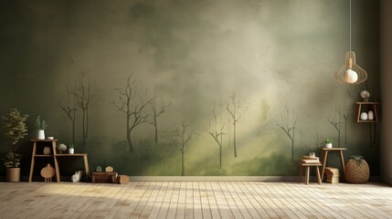 Minimalist Kids Room with Green Mural and Wooden Decor Digital Backdrop for Photography
