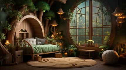Fototapeta premium Treehouse Themed Kids Room with Large Window and Cozy Bed Digital Backdrop for Kids