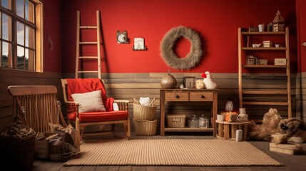 Rustic Farmhouse Style Room with Red Decor and Wooden Furniture Digital Backdrop