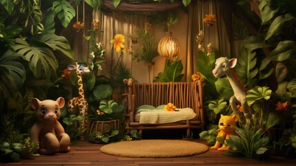Jungle Themed Kids Room with Animal Toys and Greenery Digital Backdrop