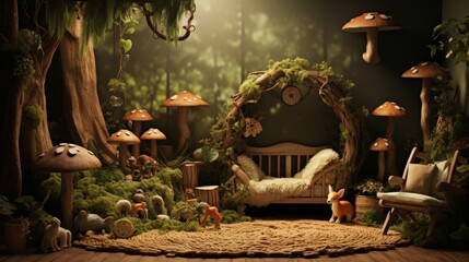 Digital Backdrop for Photography of Enchanted Forest Kids Room with Mushrooms and Fairy Lights
