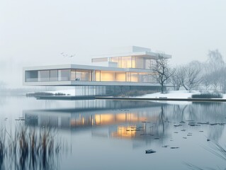 Modern houses by the lake, reflections