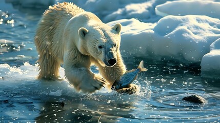 A playful polar bear with a fish in its paw adds a humorous touch to its icy habitat.