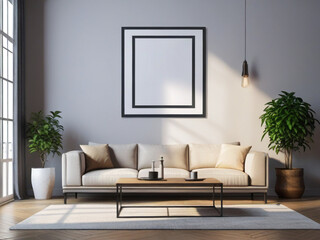 Mockup poster frame on the wall of living room. Luxurious apartment background.