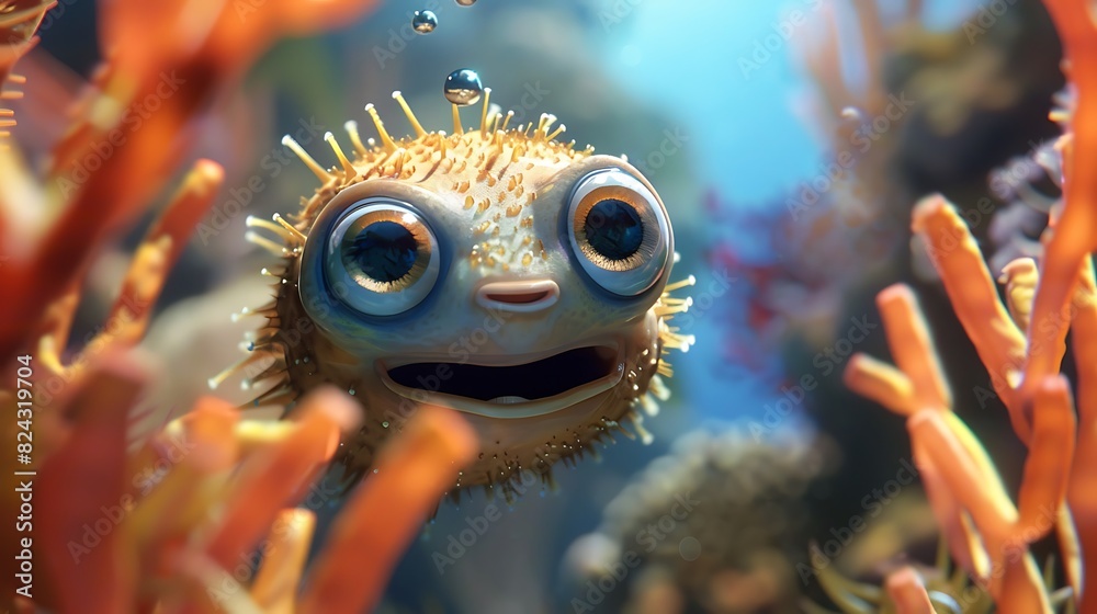 Wall mural A playful pufferfish with googly eyes inflates itself with laughter, adding a humorous touch to coral reef scenes. - Wall murals