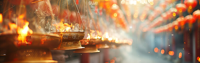 temple decorated with burning fire in pots indian festival