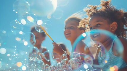 Show a group of friends at a beach, using a large bubble wand to create giant bubbles that shimmer in the sunlight, Close up
