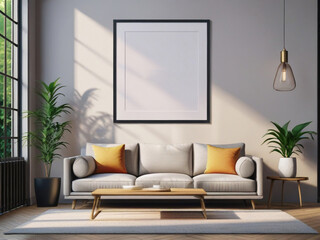 Mockup poster frame on the wall of living room. Luxurious apartment background.