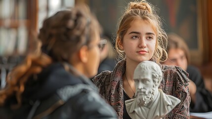 Show a modern philosophy class in a university, with students engaging in discussions about ethics and morality, Close up