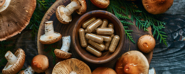 An overhead view of mushroom supplements