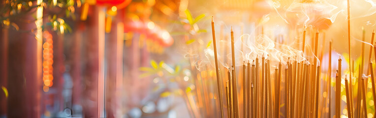 Blurred bokeh light background indian festival with burning fragrance stick