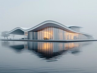 Modern houses by the lake, reflections