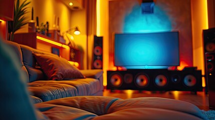 commercial photo, close-up, home theater setup, bottom view, soft light