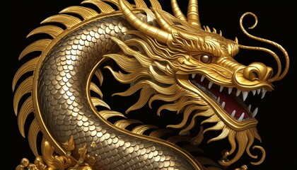 A golden dragon isolated on a black background