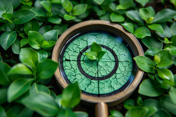 A magnifying glass focuses on a green plant growing in cracked soil, surrounded by lush leaves, symbolizing environmental focus, sustainability, and growth amidst adversity.