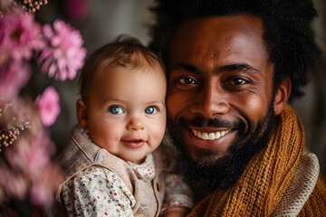 Black man father sleeping with daughter or son child. Caring father hugs his baby tenderly. Father's Day or Children's Day concept