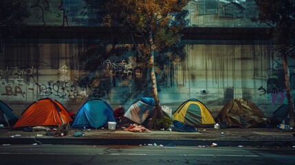 Group of tents with homeless people sleeping inside, on the side of a road, capturing the harsh reality with a raw and unfiltered style