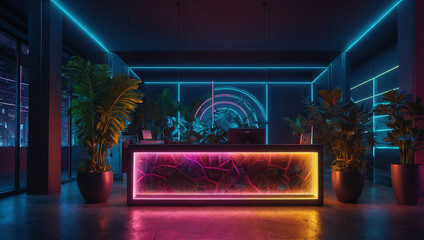 dimly lit room with a reception desk