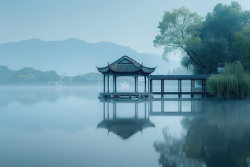 Fototapeta premium The pavilion in the center of the lake and the mountains in the distance