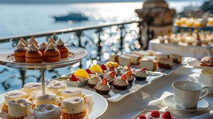 Italian desserts displayed on a restaurant table Sicilian pastries for breakfast overlooking the spread