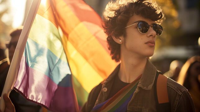 A young man holds a flag and marches to demand homosexual rights.