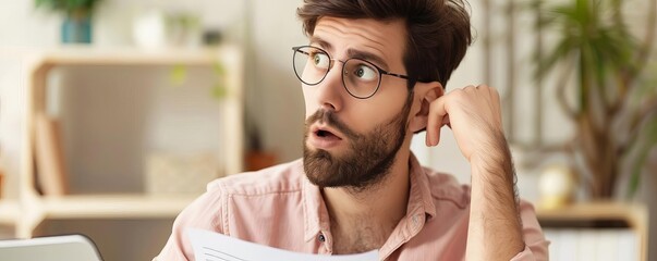 A marketer trying to understand a complex legal document with a confused look, Confused, Soft hues, Digital art, Humorous and engaging