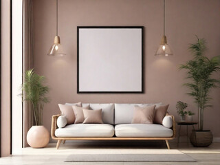 Mockup poster frame on the wall of living room. Luxurious apartment background.