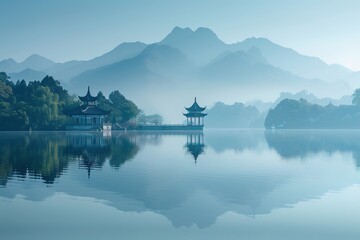 Fototapeta premium The pavilion in the center of the lake and the mountains in the distance