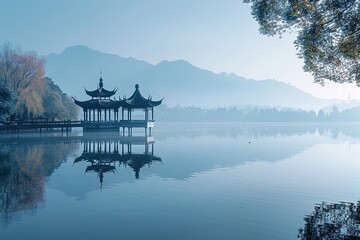 Obraz premium The pavilion in the center of the lake and the mountains in the distance