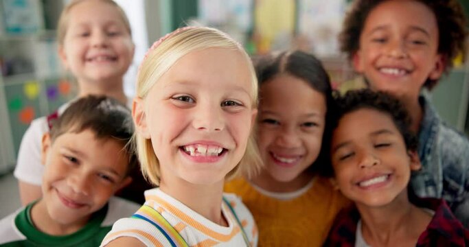 Children, school and happy in class selfie, student and fun with group for childcare development and growth and smile. Fun, diversity and bonding with friends or peers, learn environment or classroom