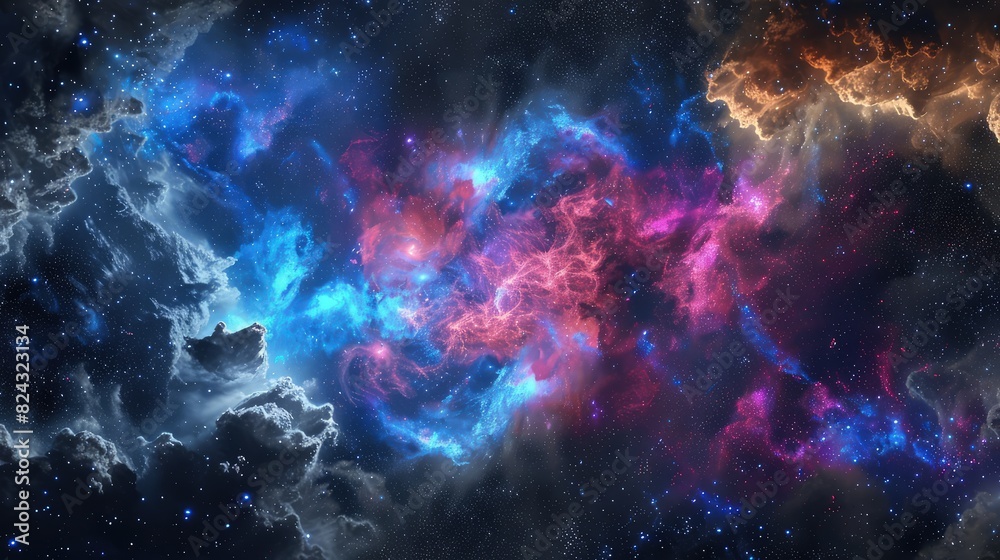 Wall mural an expansive space galaxy scene featuring colorful nebula clouds swirling with deep blues, vibrant p