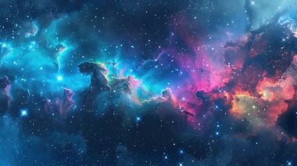 An expansive space galaxy scene featuring colorful nebula clouds swirling with deep blues, vibrant pinks, and luminous purples under a starry night sky.