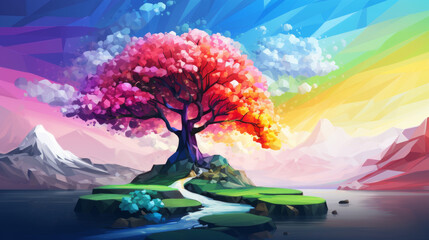 Low poly artwork featuring a vibrant tree with pink blossoms on a small island, set against a colorful sky and surrounded by mountains and a serene lake.