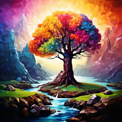 Low poly artwork featuring a grand, vibrant Tree of Life in a fantastical wonderland, surrounded by flowing streams and majestic mountains.